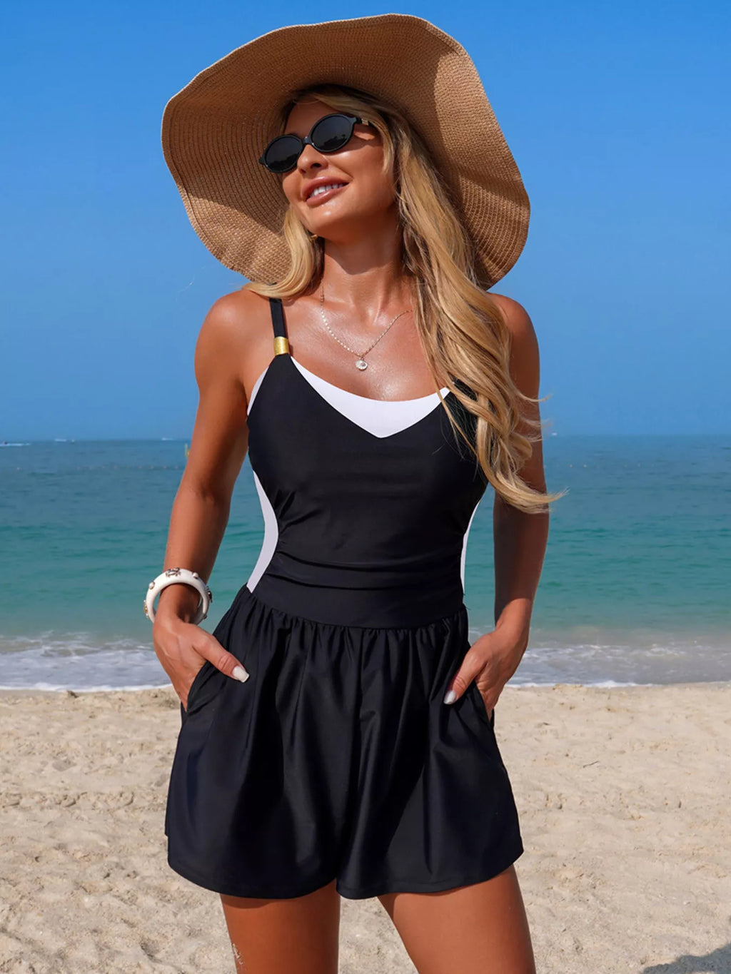 Color Block Adjustable Strap One-Piece Swimsuit - Lilixa.store