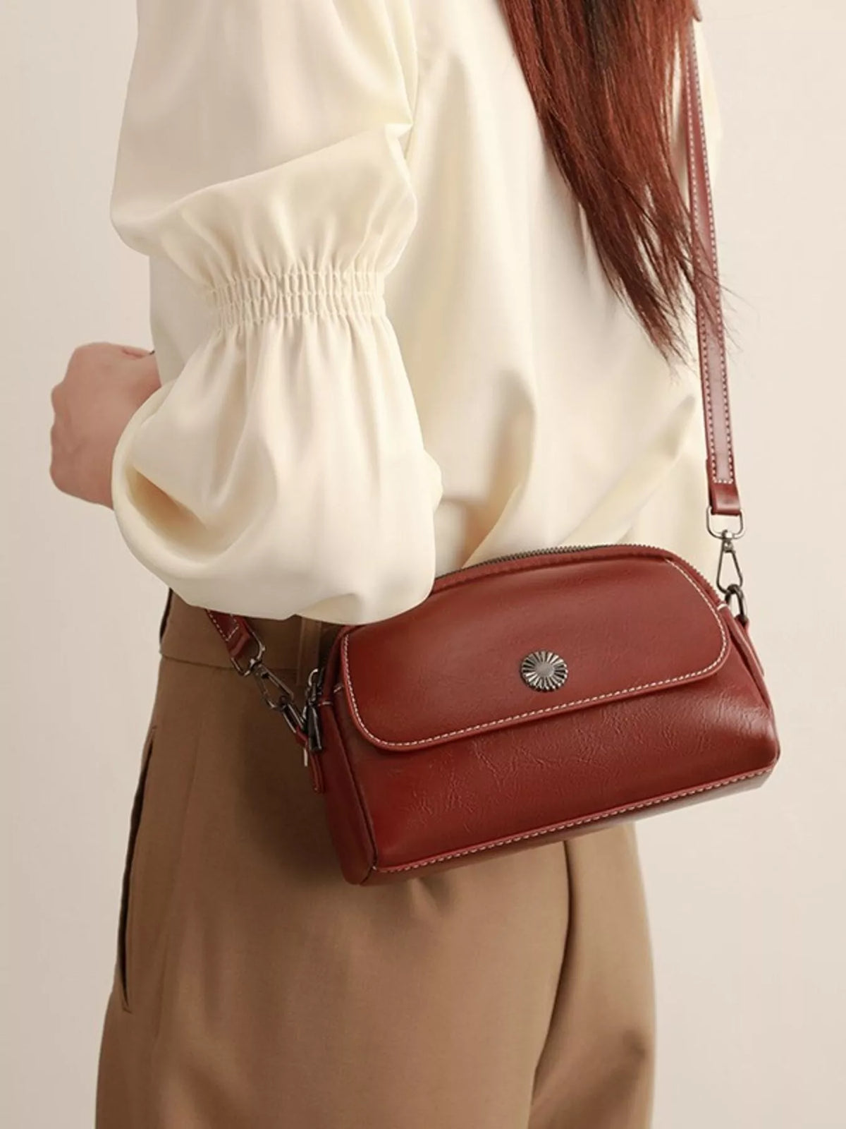 PU Leather Crossbody Bag with Metal Emblem Detail in Brown, view 7