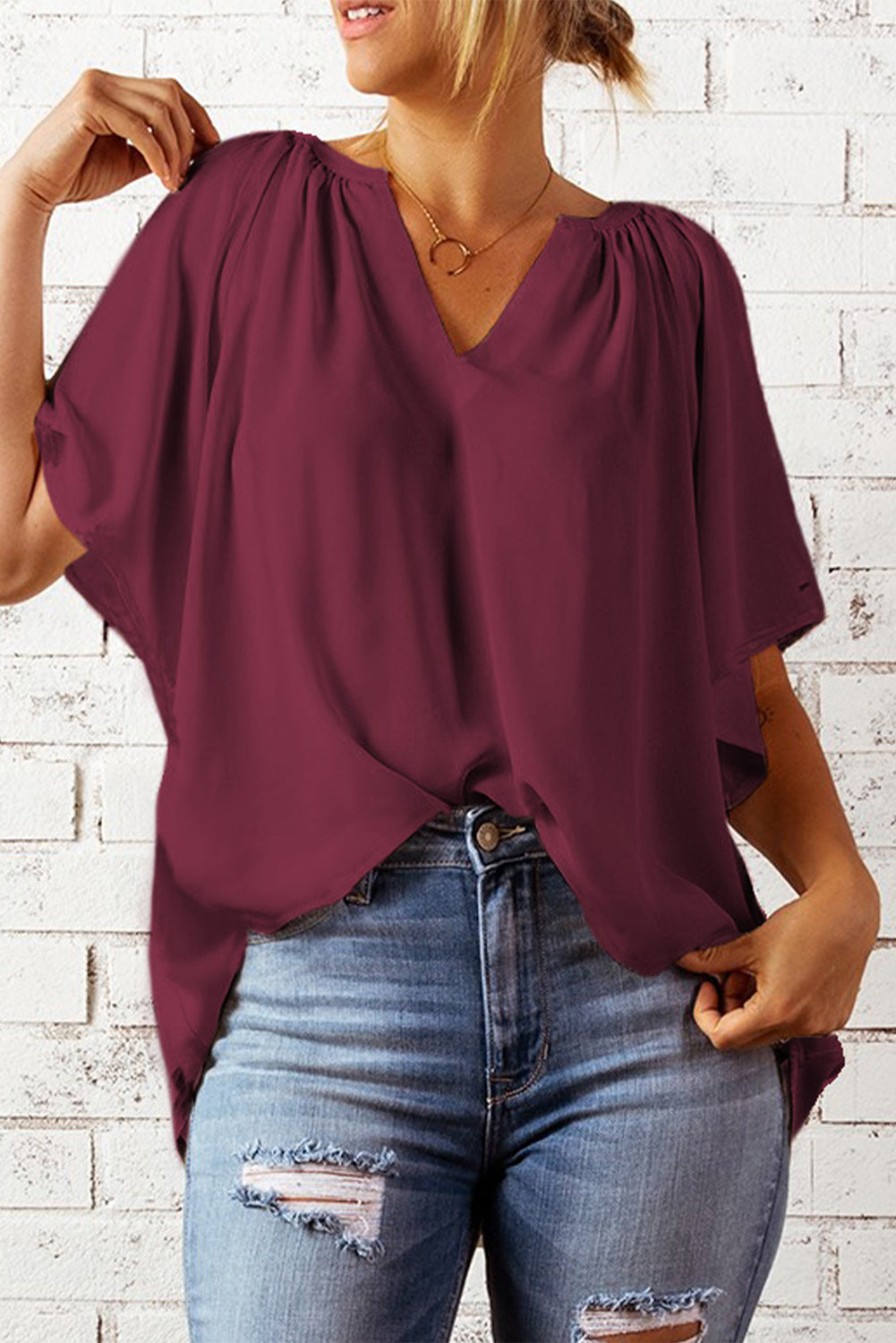 Gathered Detail Notched Neck Flutter Sleeve Top - Lilixa.store