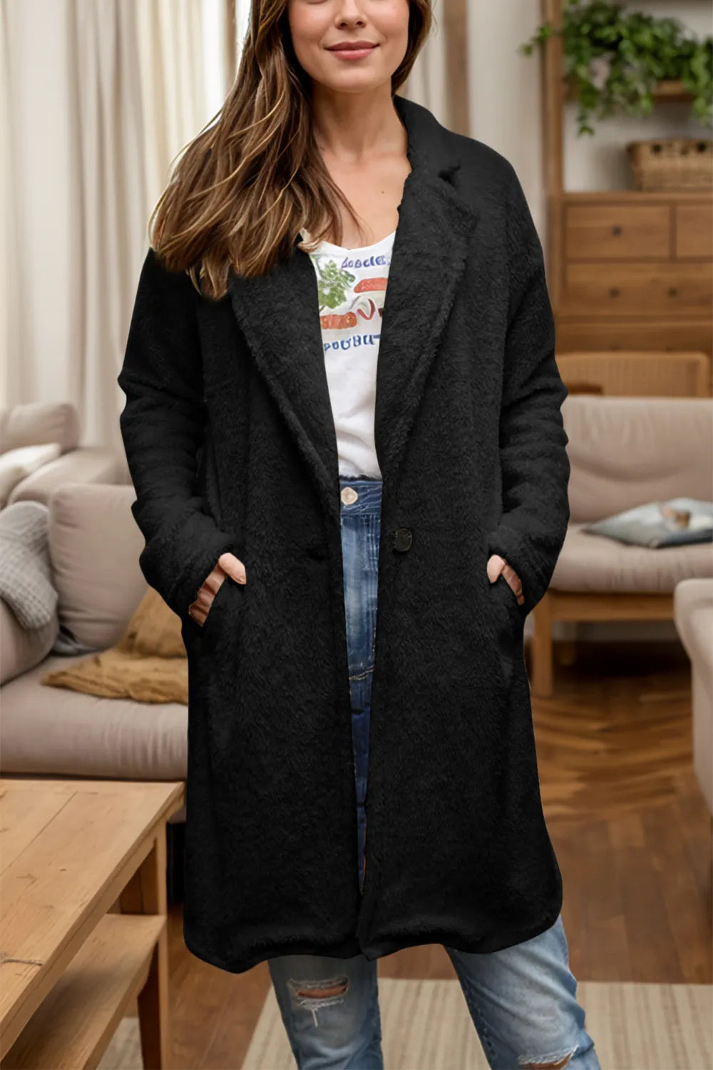 Full Size One Button Long Sleeve Longline Plush Coat - Lilixa.store