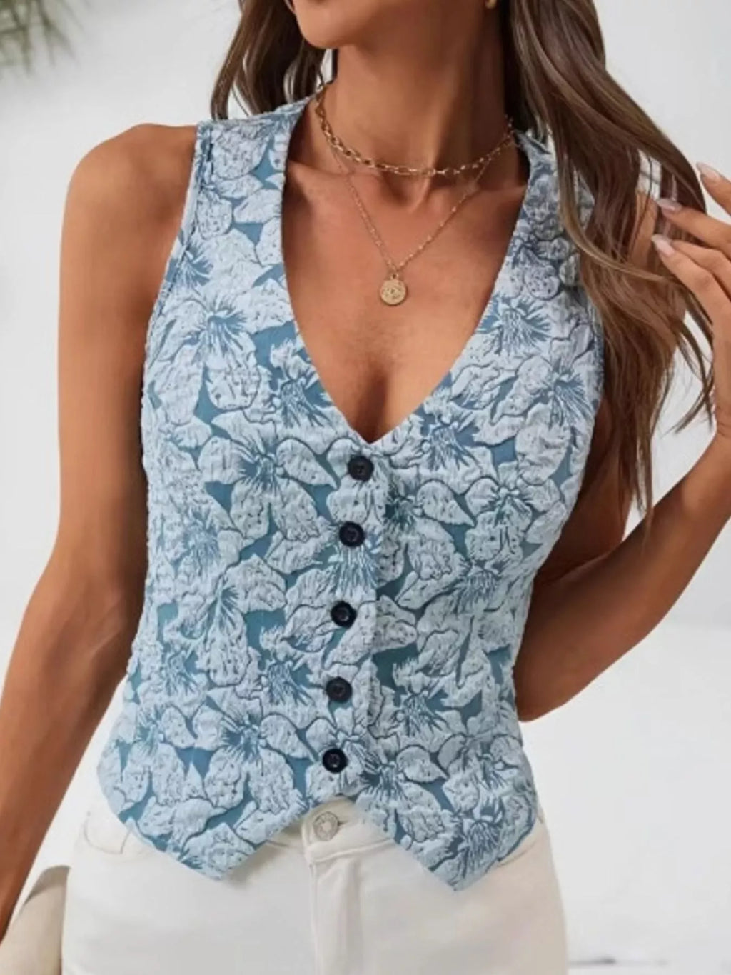 Floral Jacquard Button-Front Vest Coat - Lilixa.store