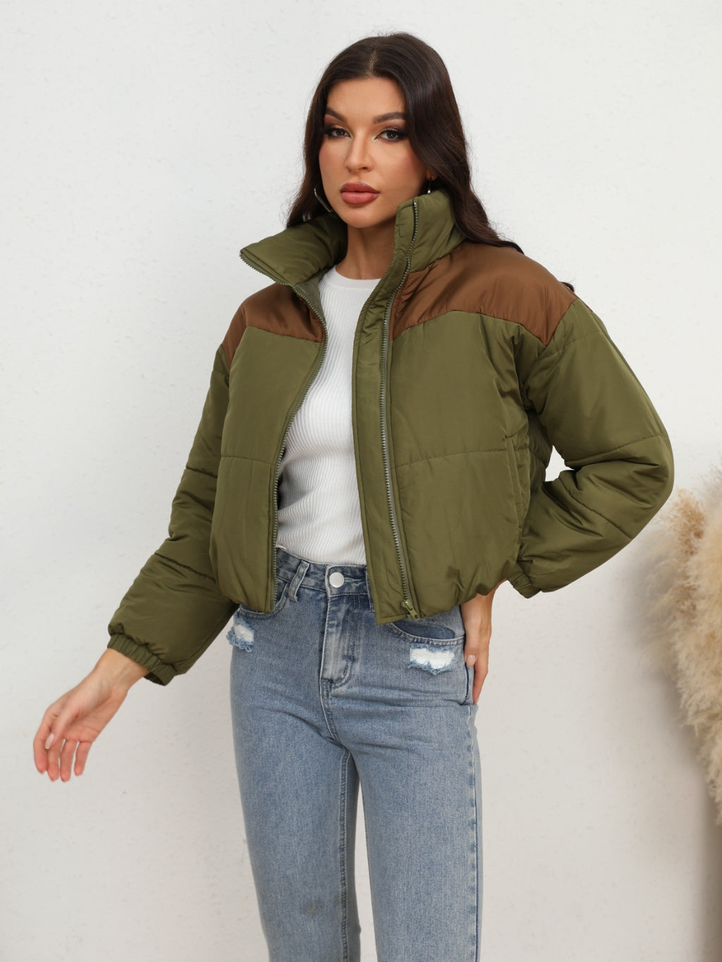 Two-Tone Zip-Up Puffer Jacket - Lilixa.store