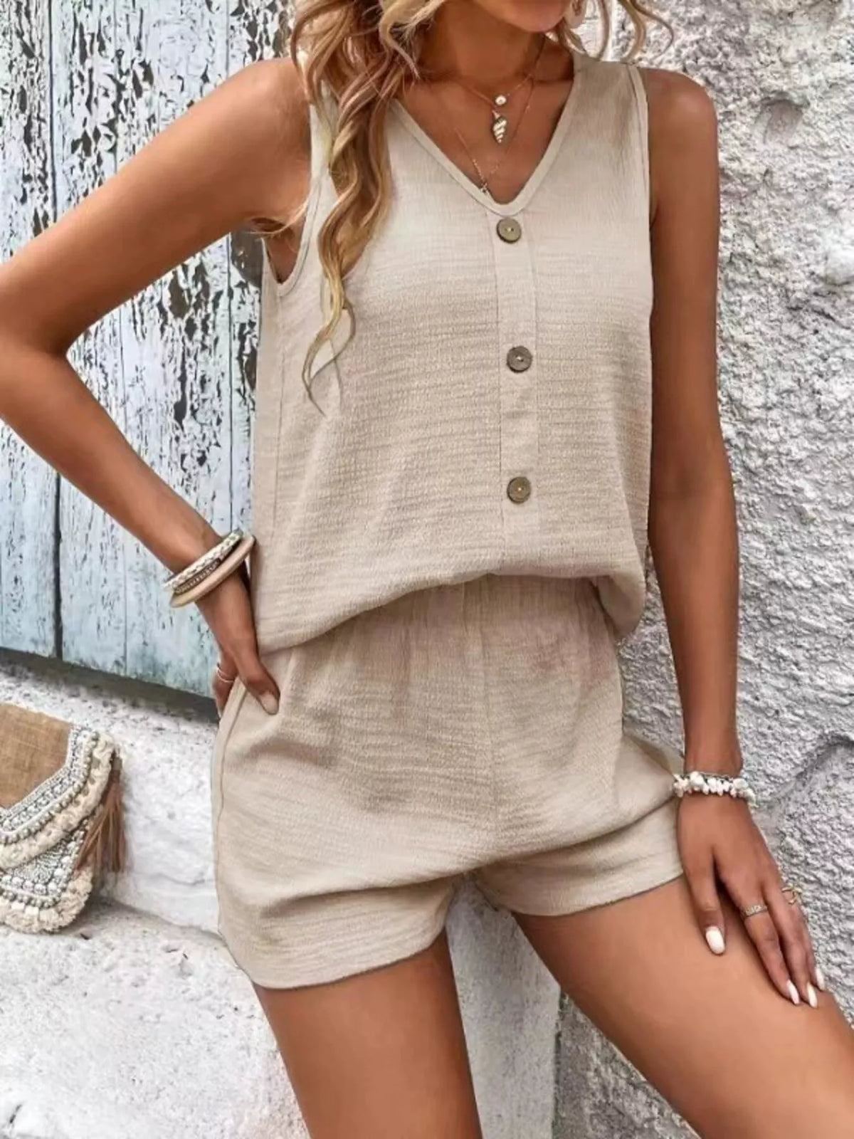 V-Neck Tank Top and Shorts Set - Lilixa.store