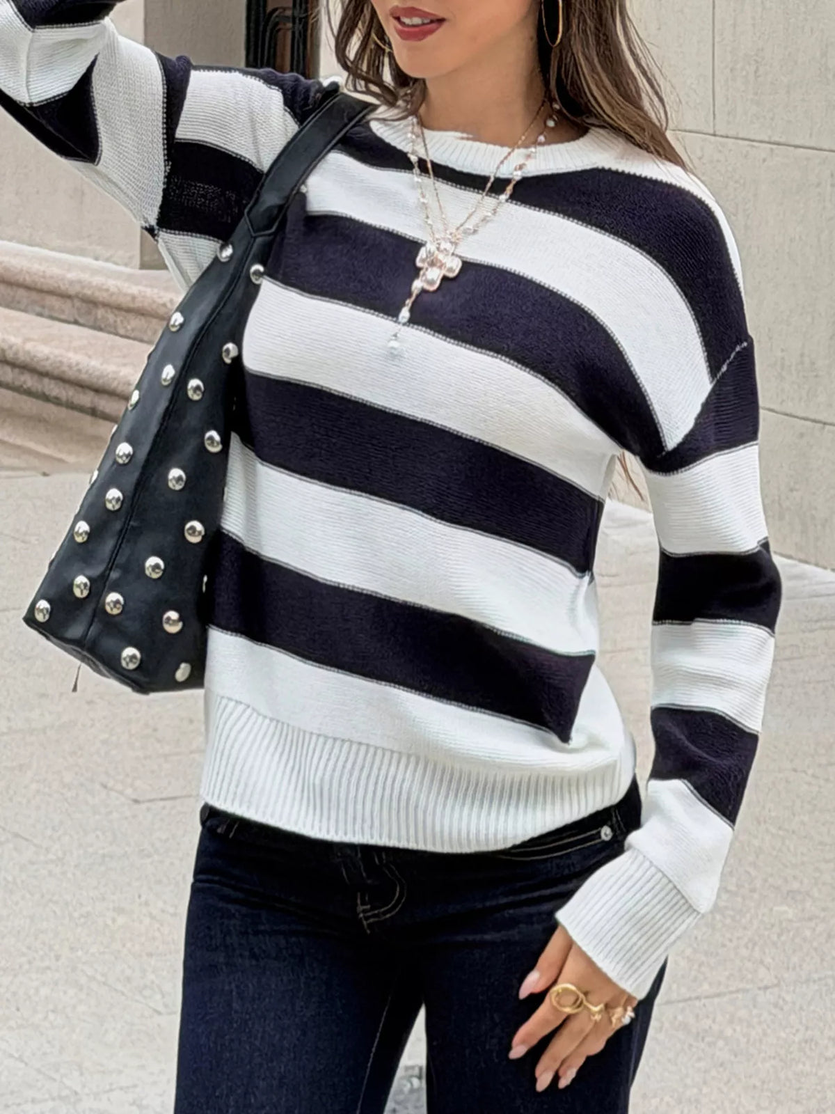 Striped Crew Neck Sweater - Lilixa.store