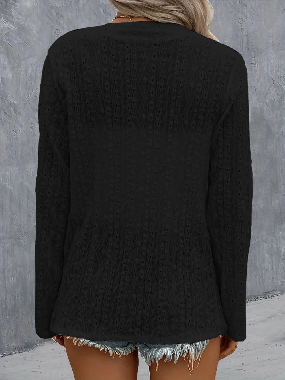 Eyelet Roll-Tab Sleeve Cardigan - Lilixa.store
