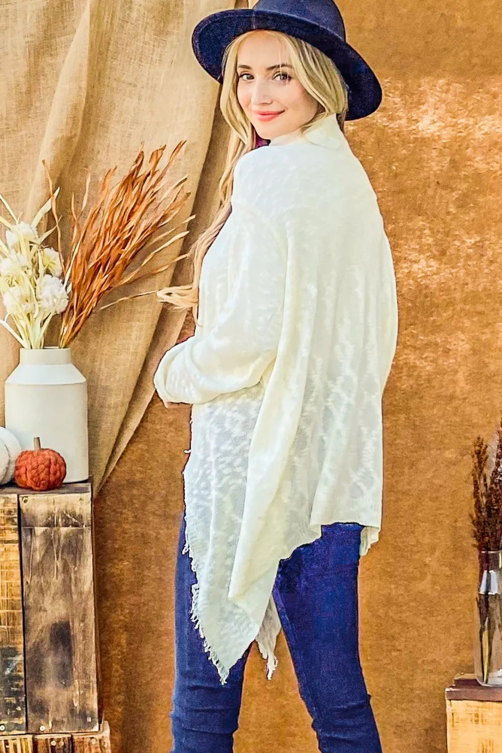 And The Why Textured Knit Fringe Hem Cardigan in Ivory, view 2