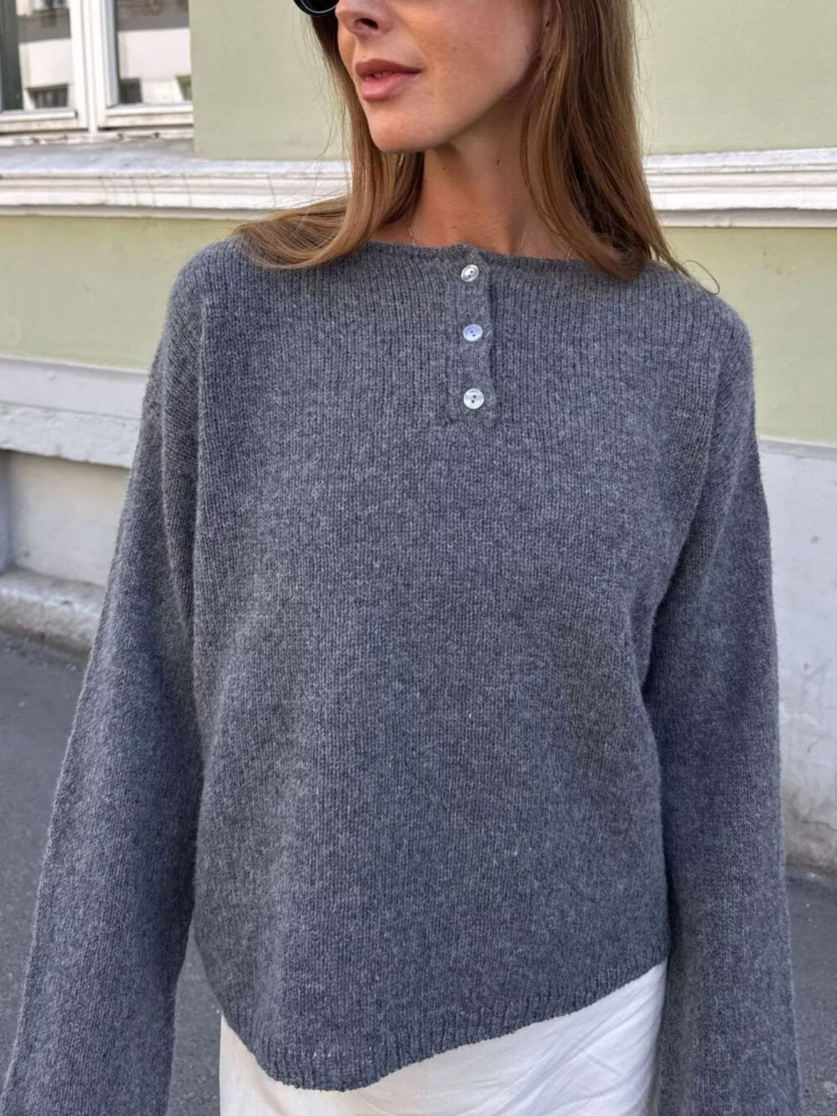 Button-Placket Round Neck Drop Shoulder Knit Top, view 4