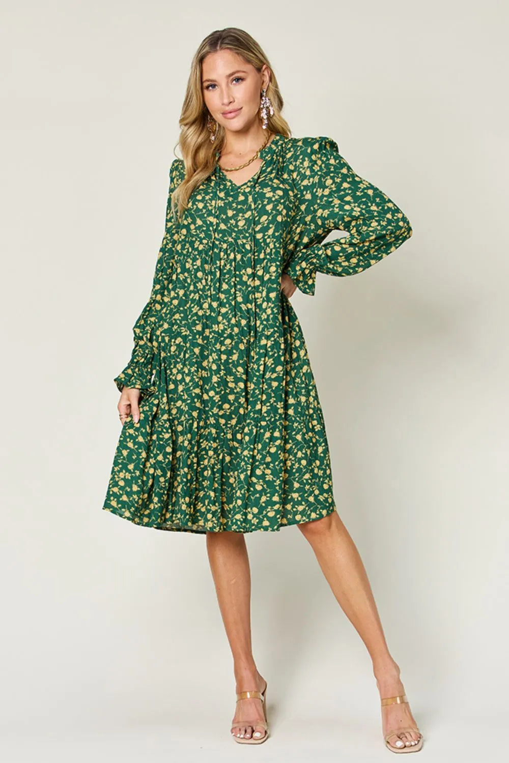 Double Take Full Size Printed Ruffle Hem Long Sleeve Tiered Dress - Lilixa.store