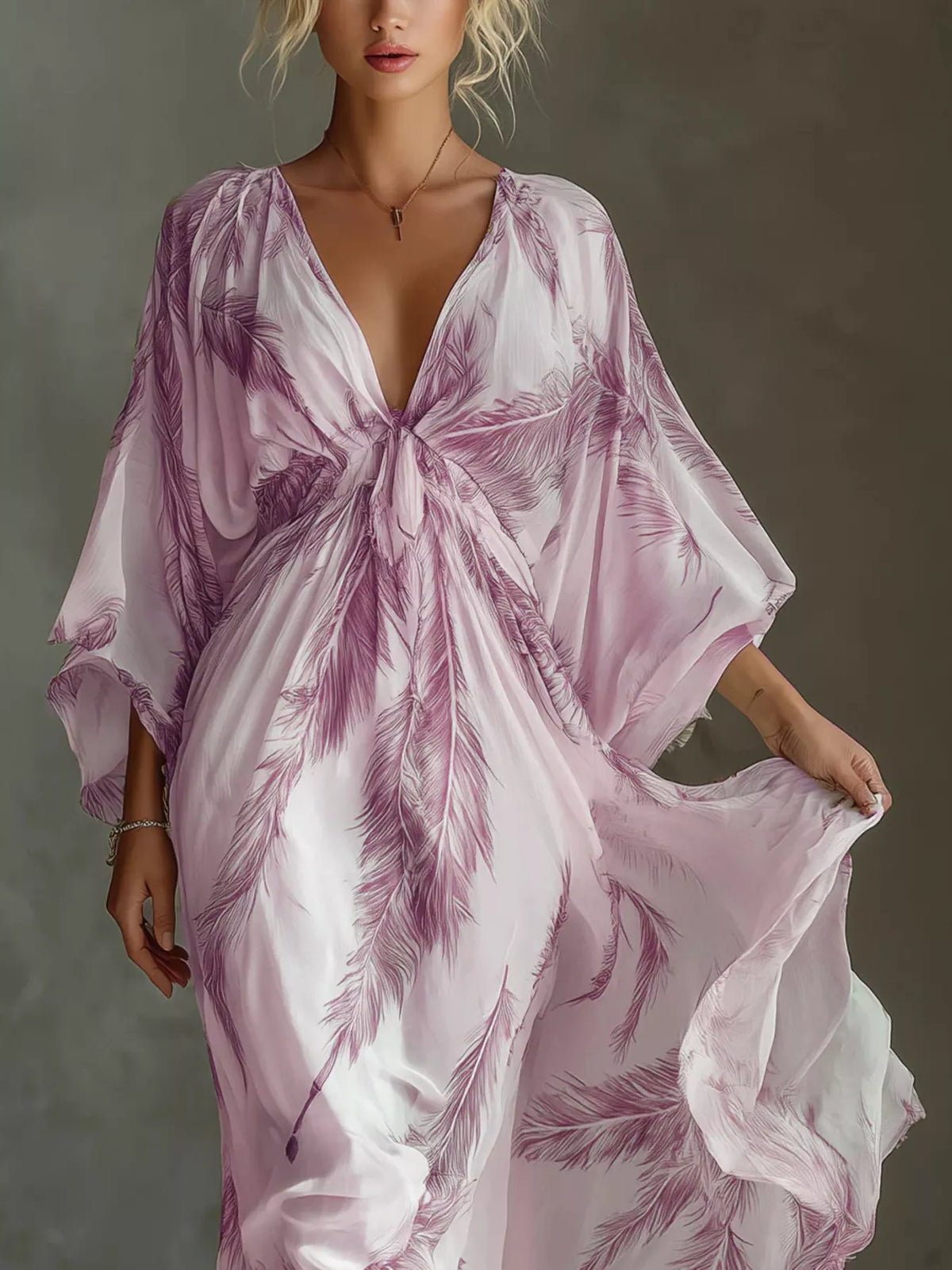 Full Size Feather Print V-Neck Flowy Maxi Dress Plus Size - Lilixa.store
