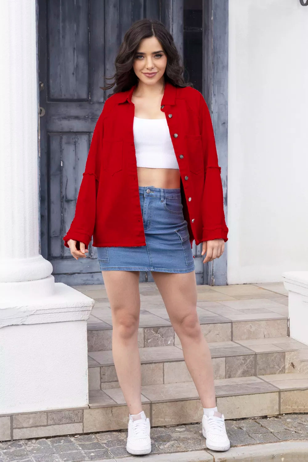 Raw Hem Pocketed Collared Neck Denim Jacket - Lilixa.store