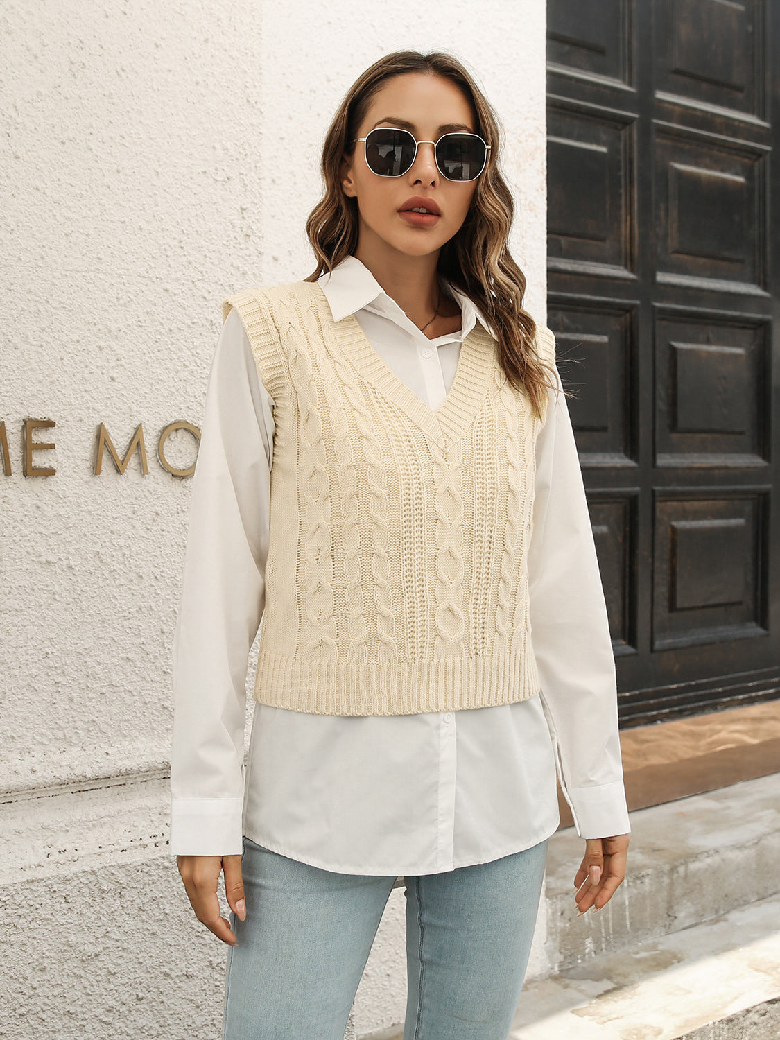 Urban Style V-Neck Sweater Vest in Ivory