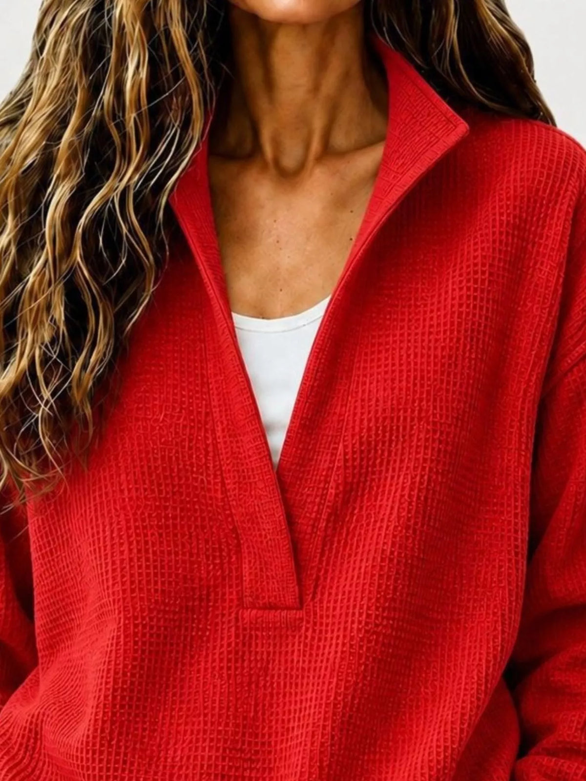 Full Size Waffle Knit Dropped Shoulder Sweatshirt Plus Size