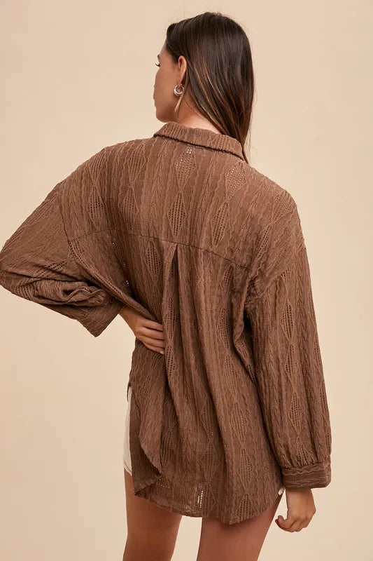 Annie Wear Openwork Button Down Drop Shoulder Shirt - Lilixa.store