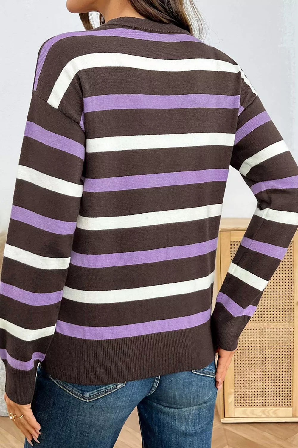 Stripe Embroidered Detail Drop Shoulder Sweater