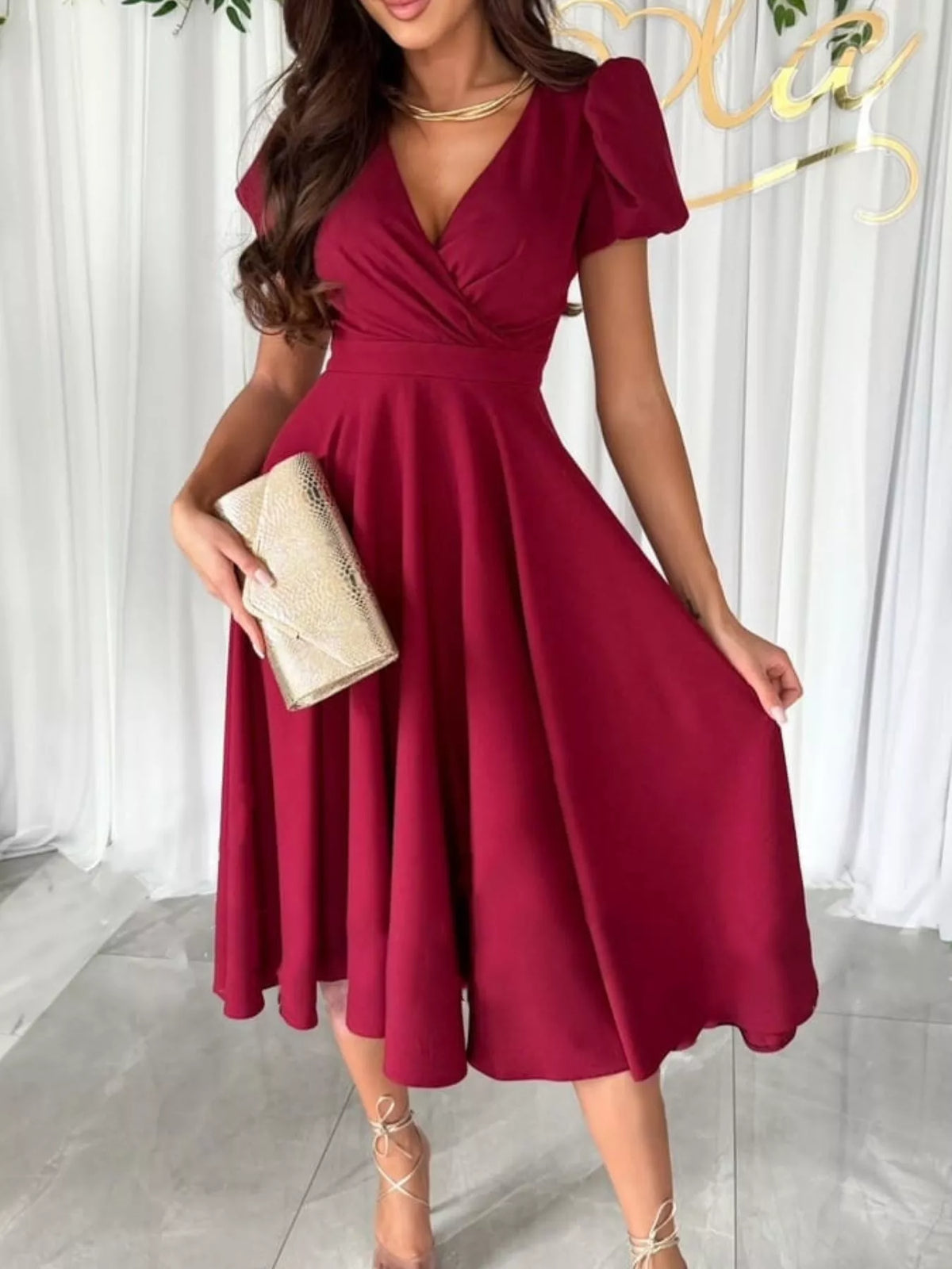 Surplice Puff Sleeve Midi Dress in Deep Red