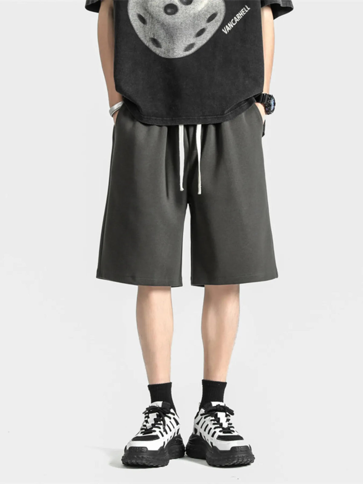 Men's Full Size Casual Loose-Fit Drawstring Shorts Plus Size in Dark Gray