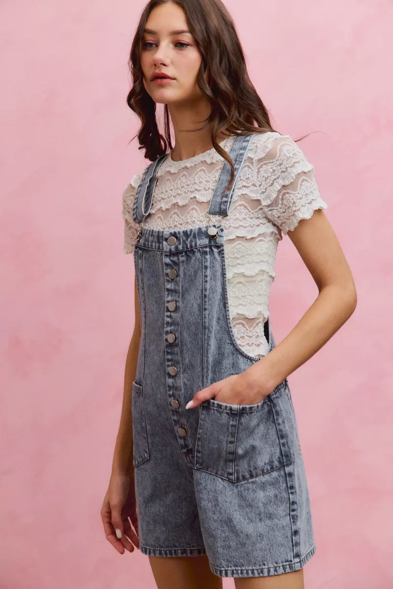 SO ME Denim Washed On Front With Adjustable Strap Romper - Lilixa.store