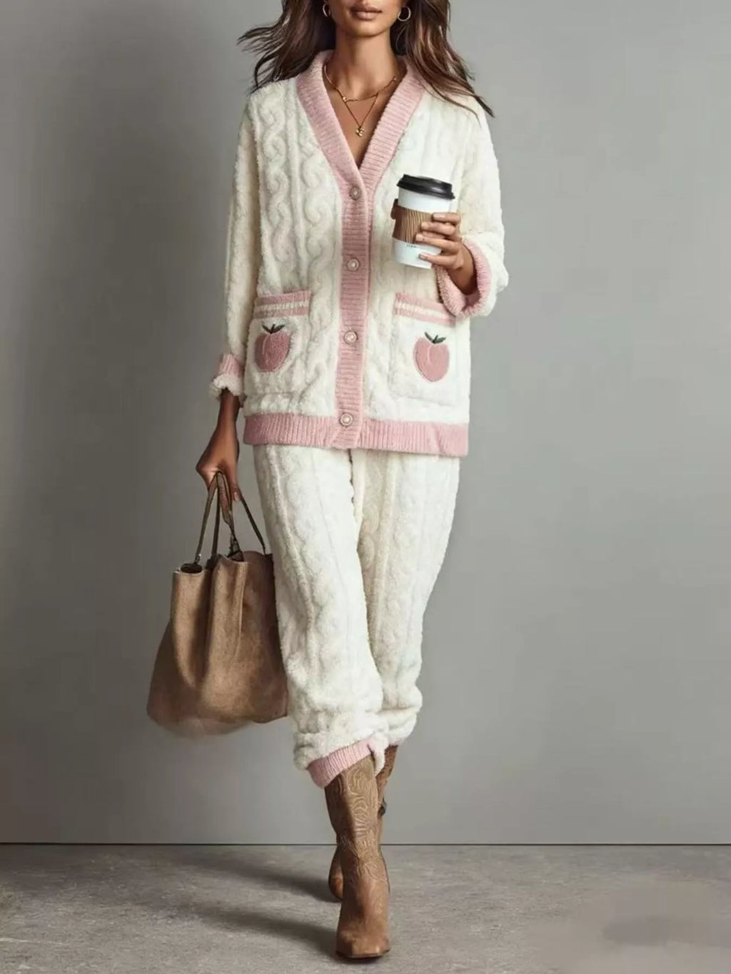 Peach Fleece Contrast Trim Top and Pants Lounge Set - Lilixa.store