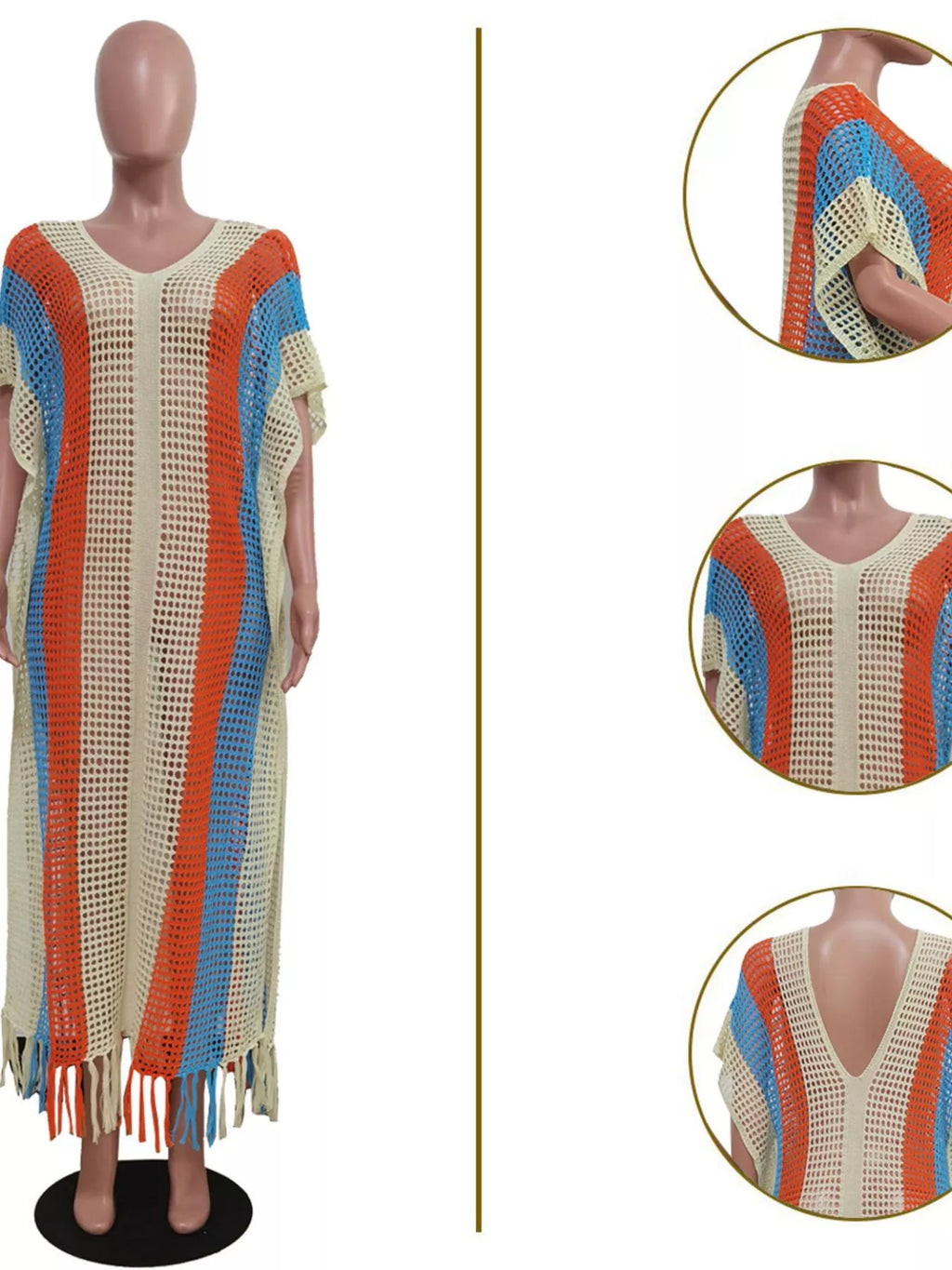 Striped Crochet Cover-Up Dress with Fringe - Lilixa.store