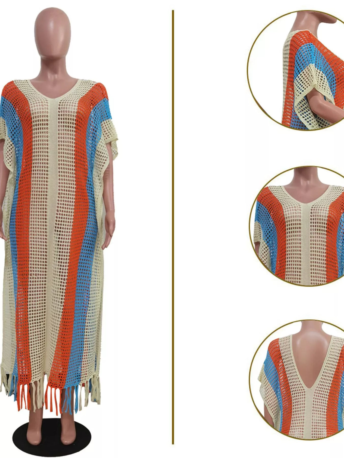 Striped Crochet Cover-Up Dress with Fringe - Lilixa.store