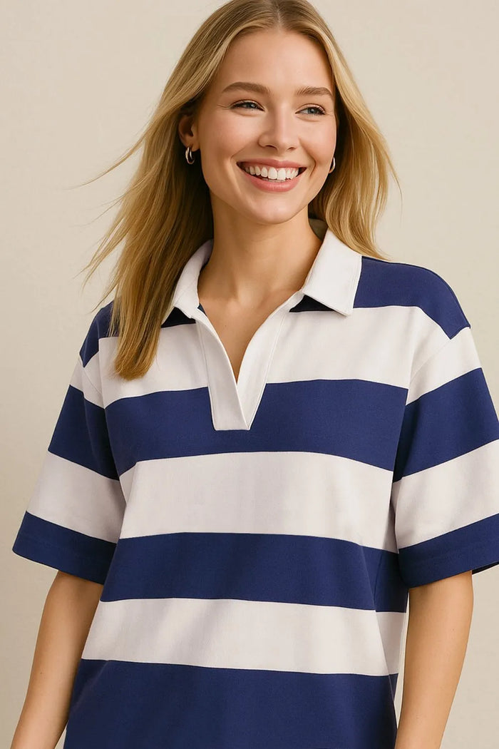 Oh Pima Cotton Wash Color Block Johnny Collar Half Sleeve Top - Lilixa.store