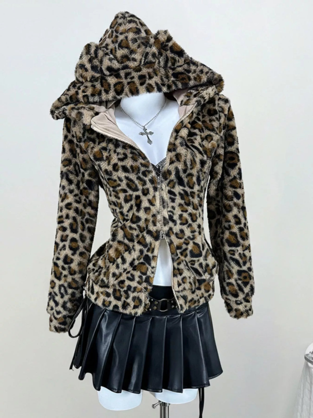 Leopard Plush Zip-Up Hooded Outerwear in Brown, view 3