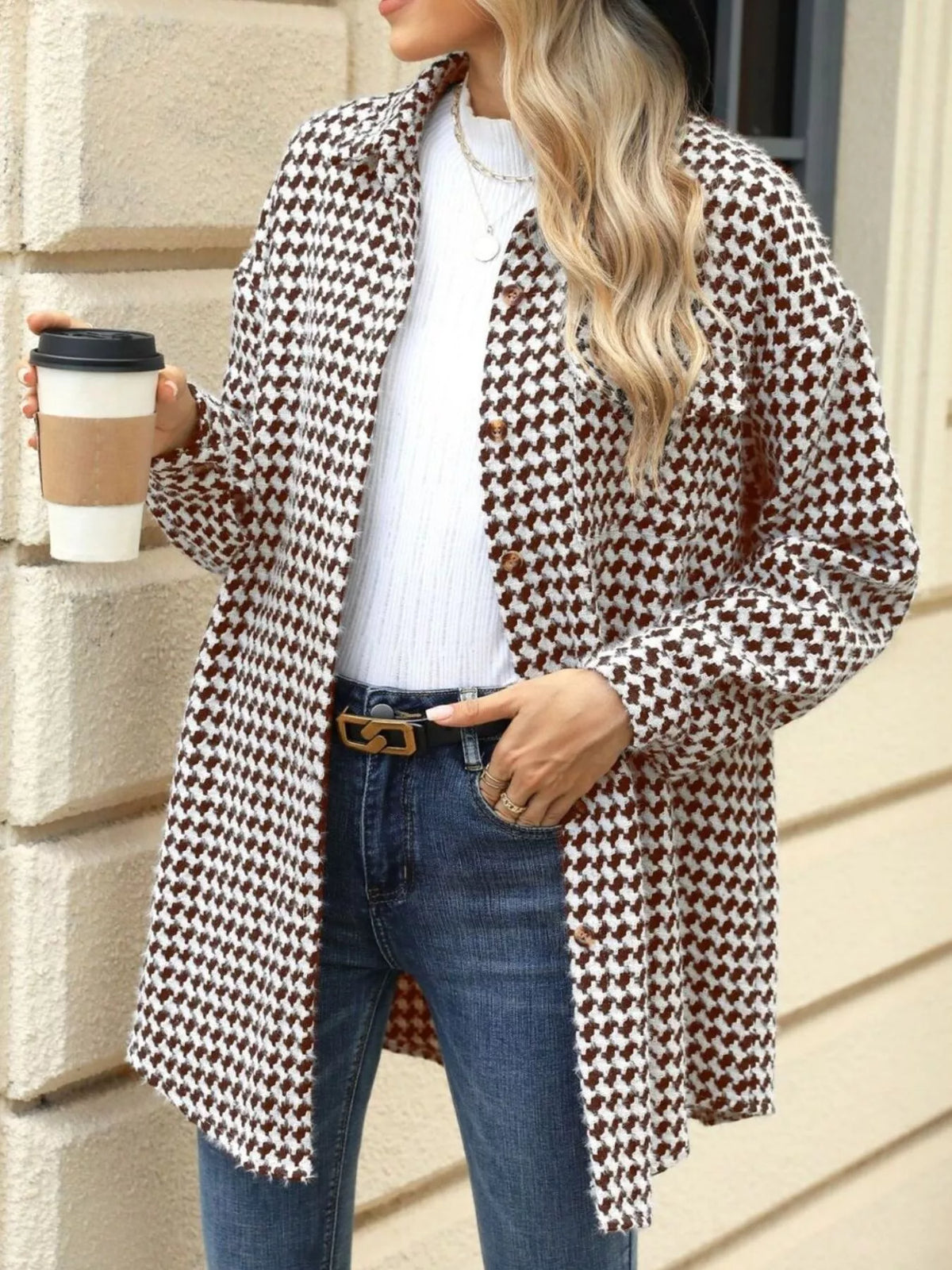 Houndstooth Button Up Long Sleeve Coat, view 11