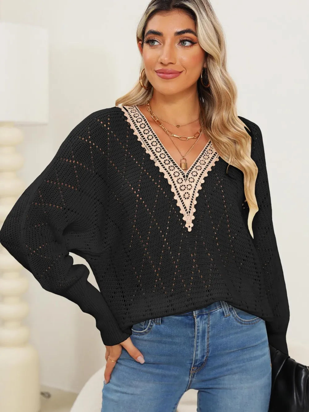Lace Detail V-Neck Long Sleeve Sweater - Lilixa.store
