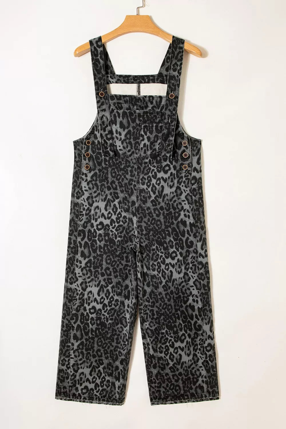 Leopard Print Button Adjustable Straps Cropped Loose Denim Overalls - Lilixa.store