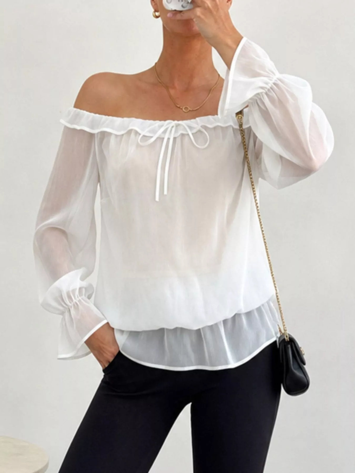 Off-Shoulder Flounce Sleeve Chiffon Blouse - Lilixa.store