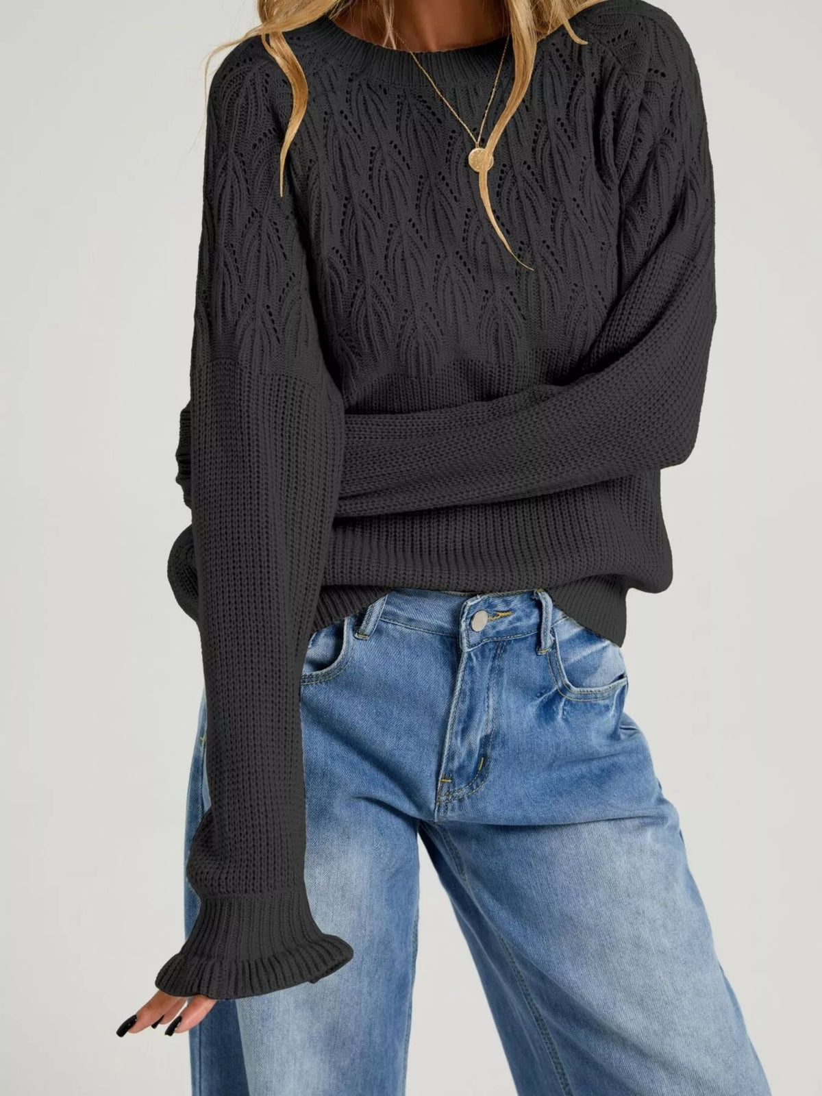 Pointelle Knit Round Neck Sweater