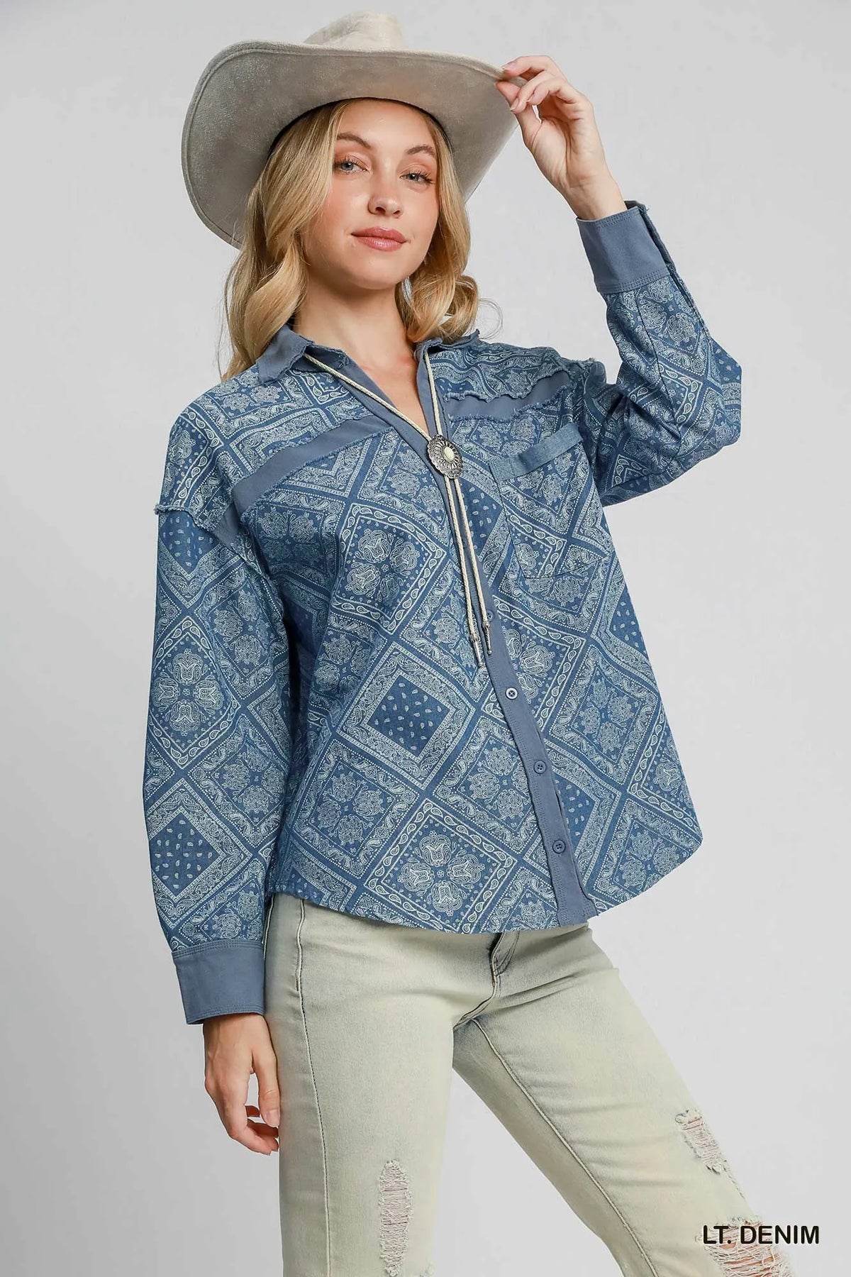 Umgee Paisley Print Denim Shirt Jacket, view 2