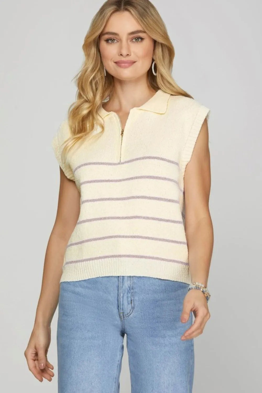 She + Sky Ribbed Hem Striped Half Zip Sweater Vest in Pink Purple