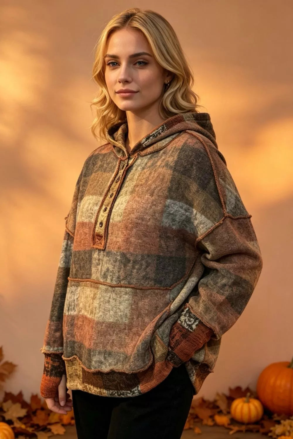 Double Take Full Size Plaid Dropped Shoulder Fleece Hoodie Plus Size - Lilixa.store