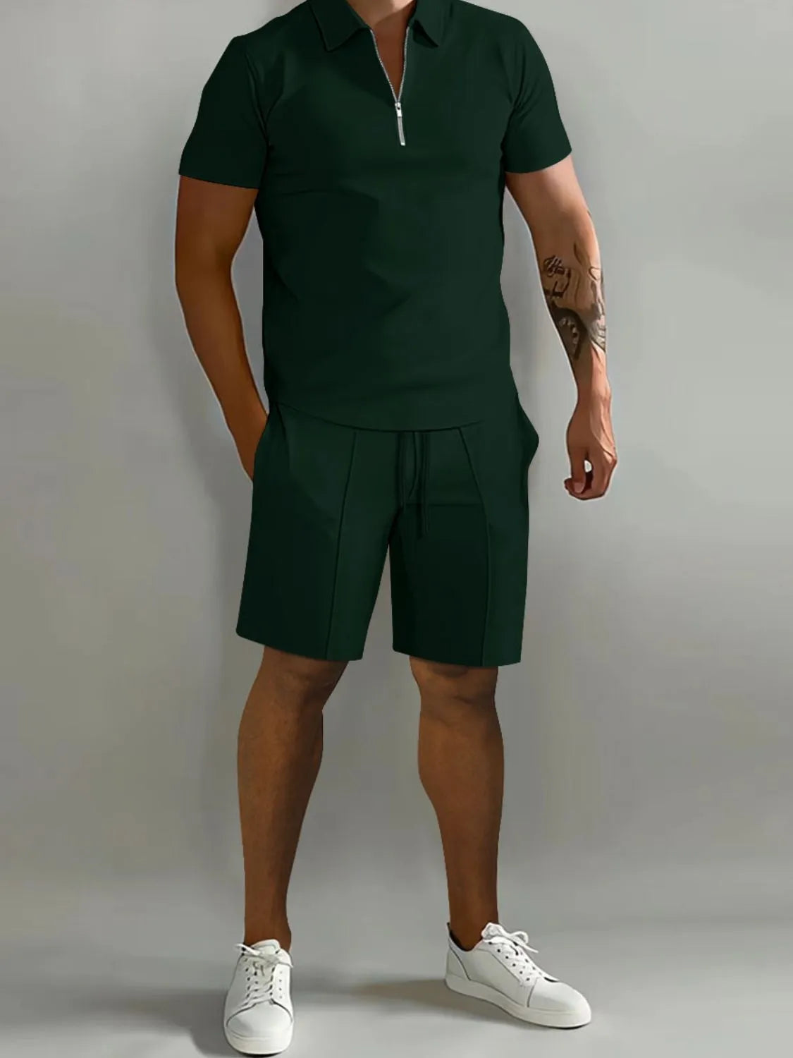 Men's Full Size Collared Neck Short Sleeve Top and Shorts Set Plus Size in Black Forest