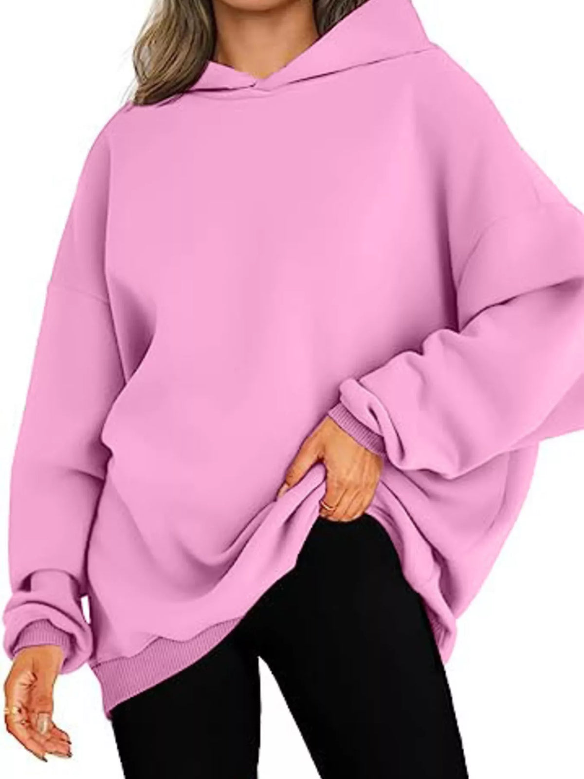 Drop Shoulder Long Sleeve Hoodie in Pink