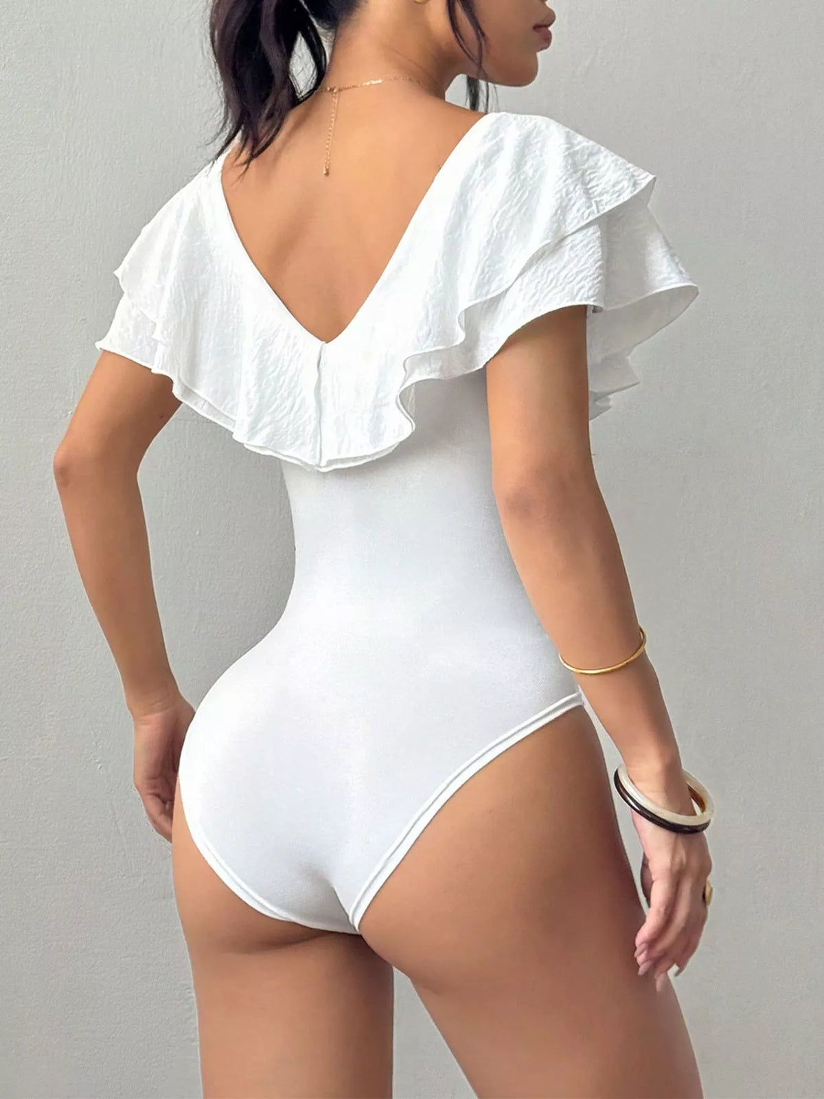 Ruffle Trim V-Neck Bodysuit - Lilixa.store