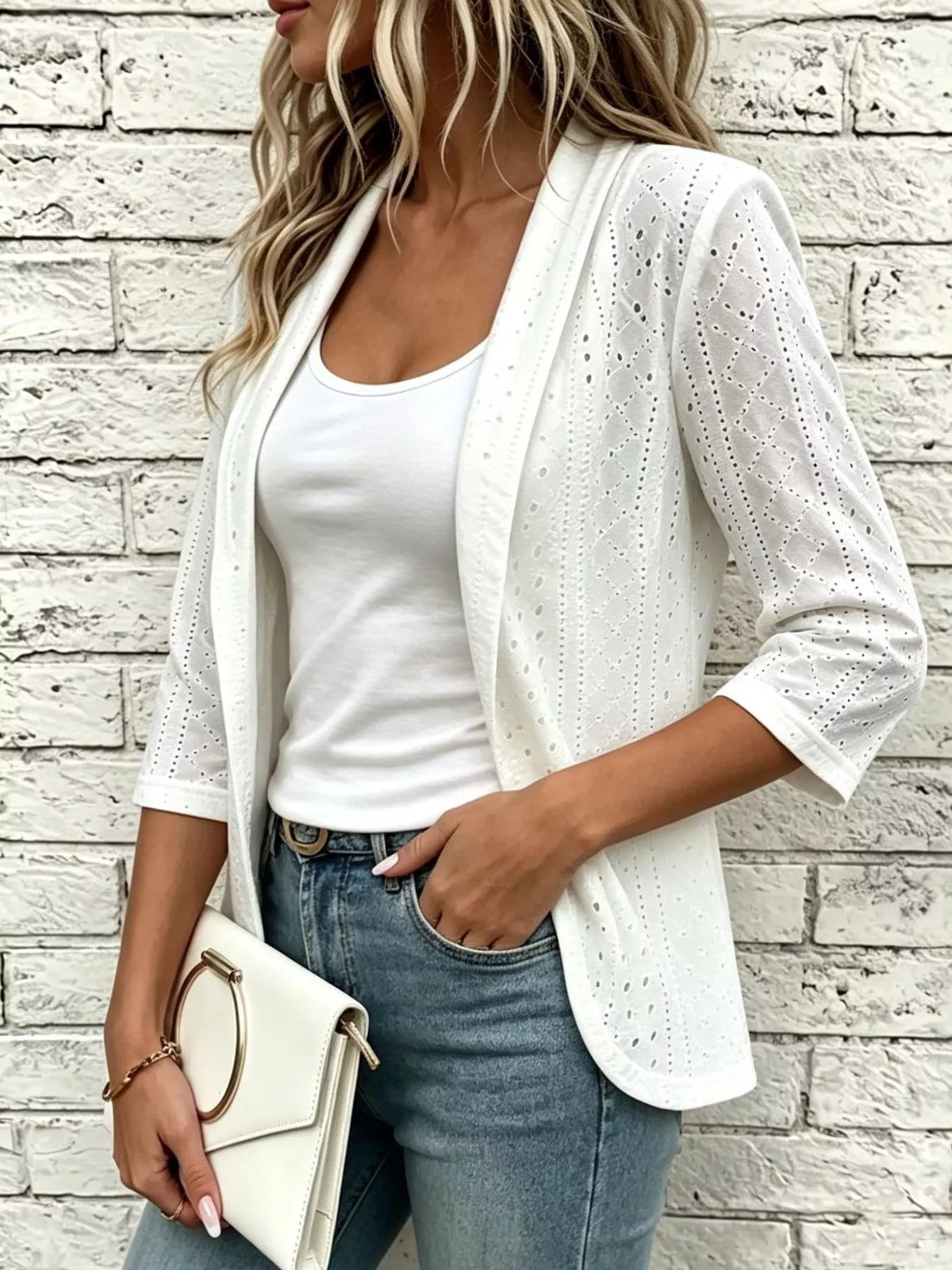 Eyelet Open Front Cardigan - Lilixa.store