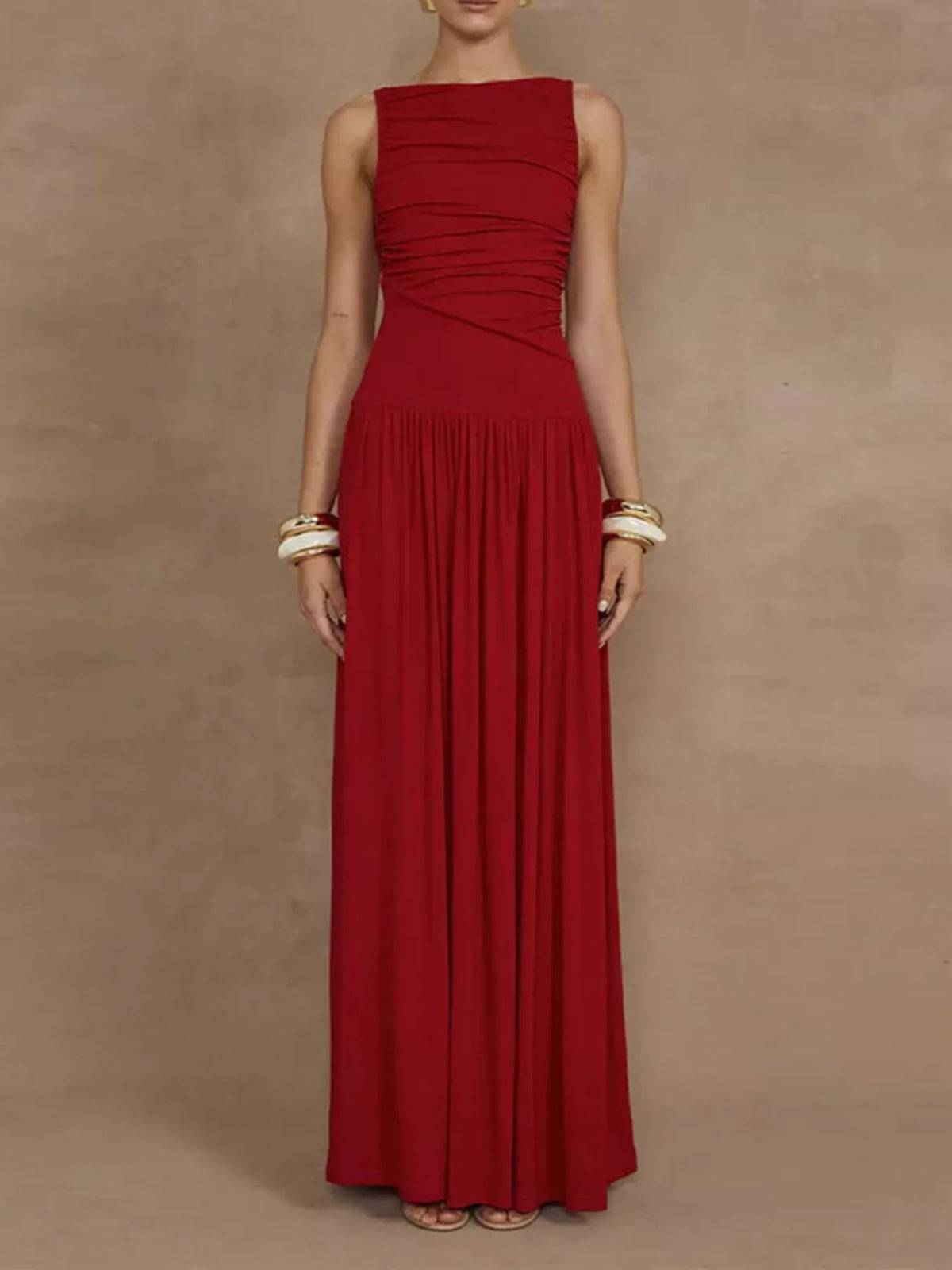Ruched Sleeveless Maxi Dress in Deep Red