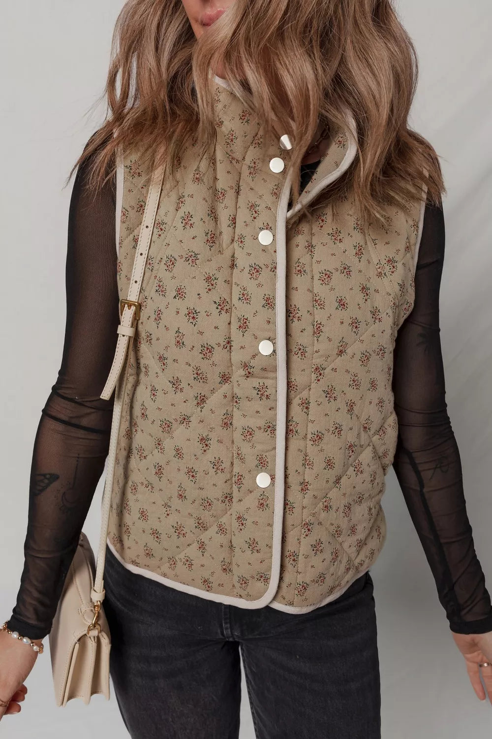 Floral Print Quilted Concealed Button Vest - Lilixa.store