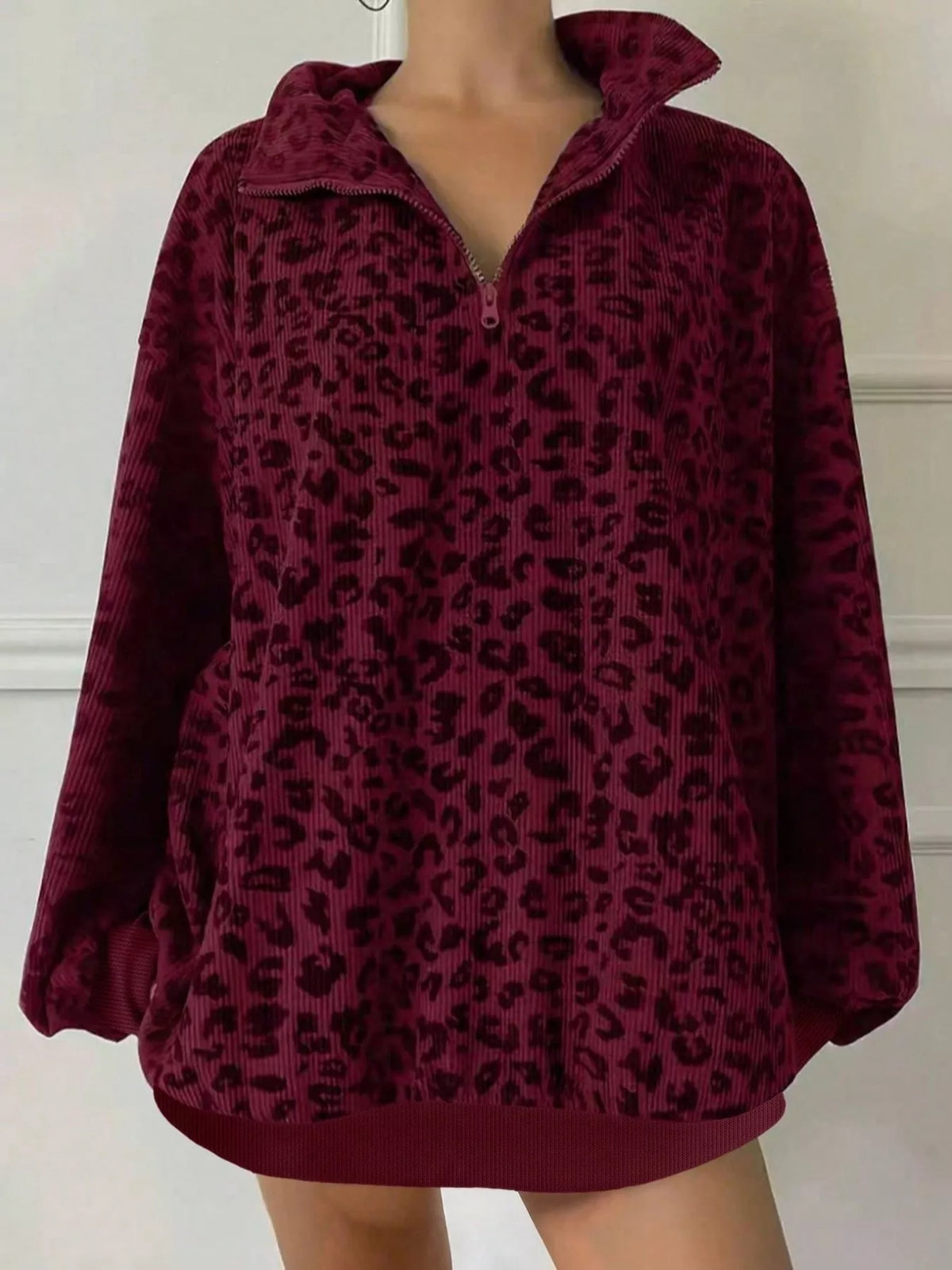 Leopard Print Quarter-Zip Sweatshirt - Lilixa.store