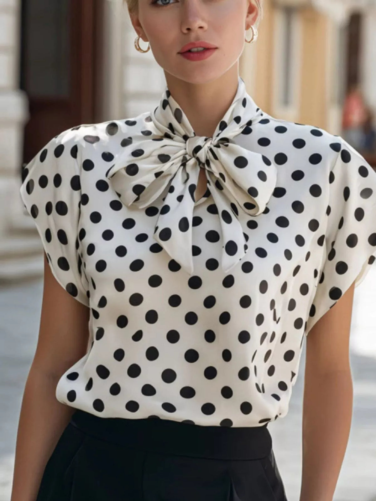 Polka Dot Bow Tie Blouse in White