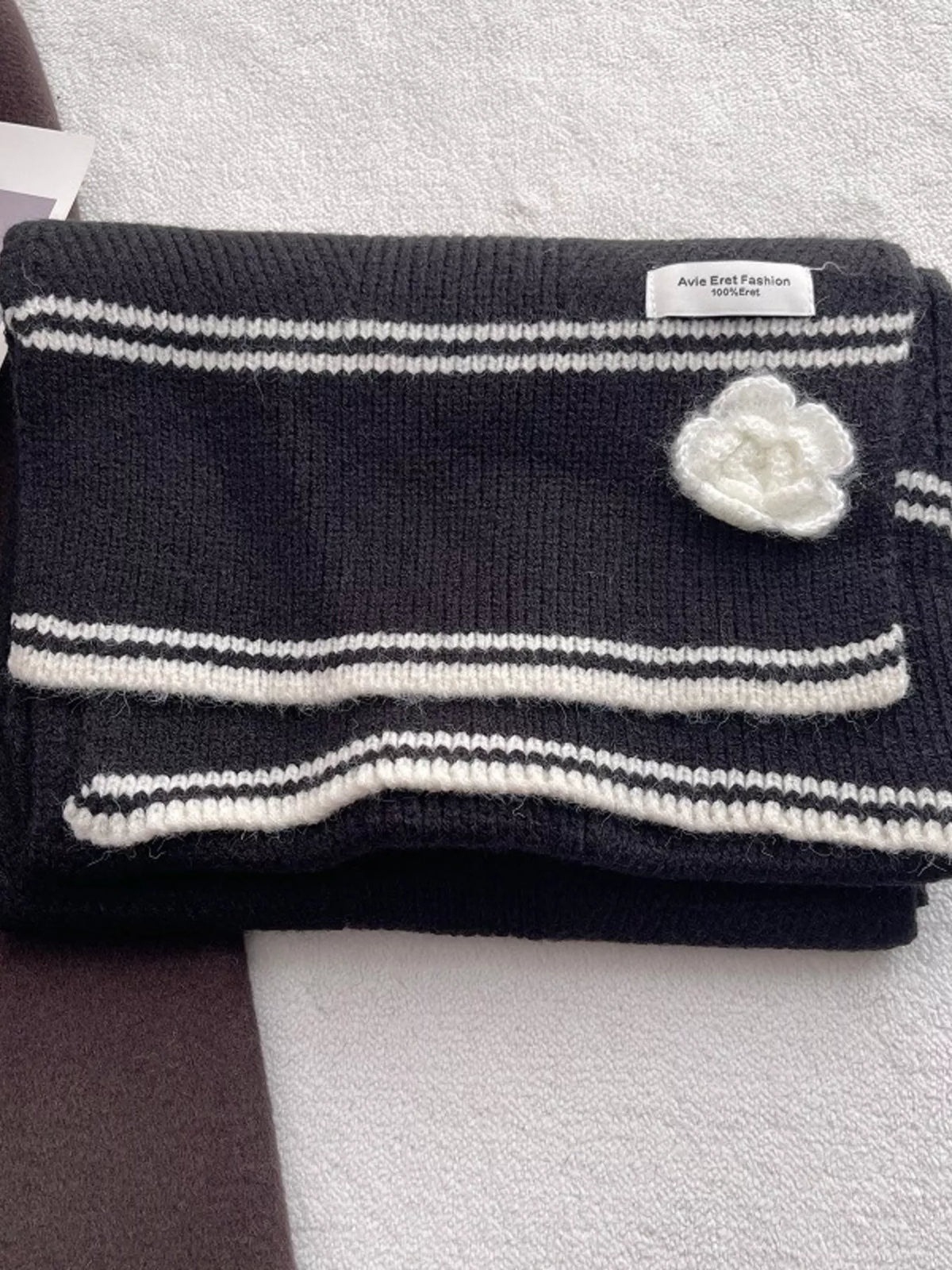 Contrast Trim Knitted Scarf with Camellia Decorn in Black, view 4