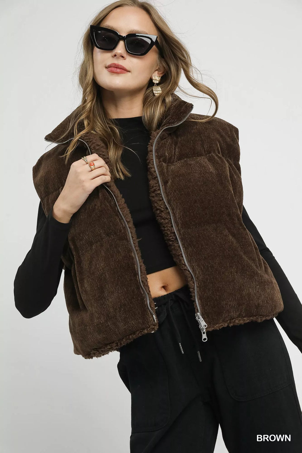 Umgee Sherpa-Lined Zip Vest with Drawstring Hem - Lilixa.store
