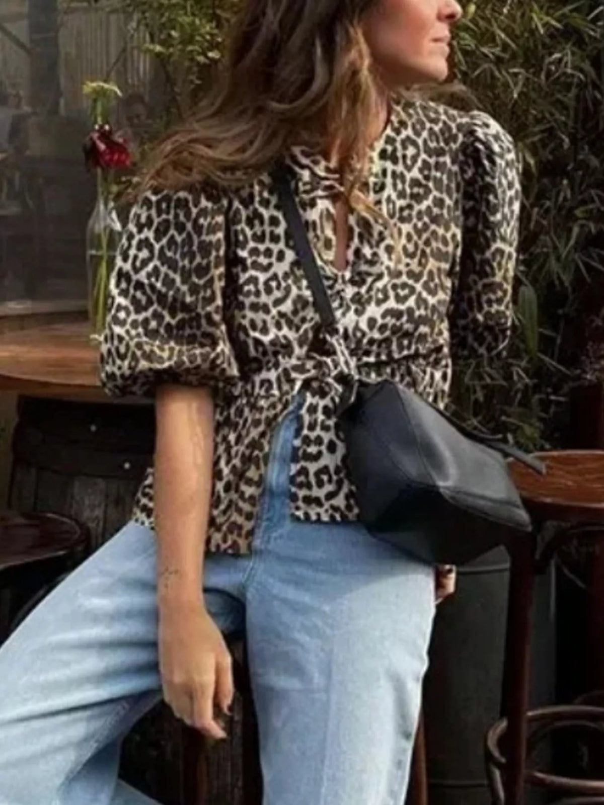 Leopard Print Puff Sleeve Blouse, view 2