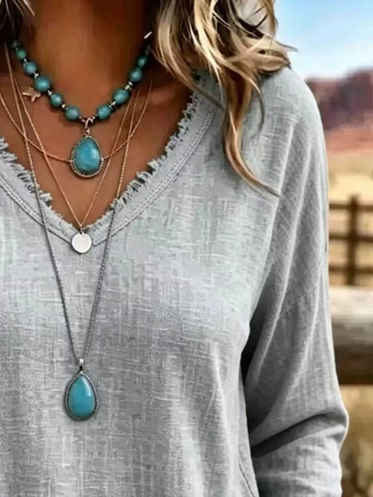 V-Neck Long Sleeve Blouse with Frayed Hem Detail - Lilixa.store