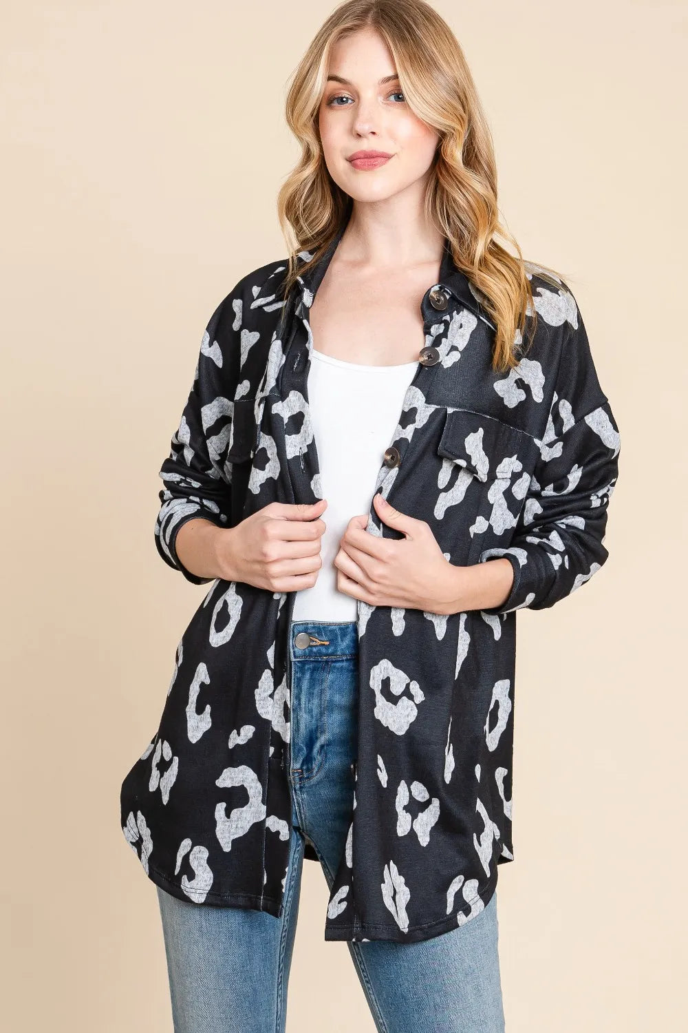 BOMBOM Animal Print Button Up Knit Shacket - Lilixa.store