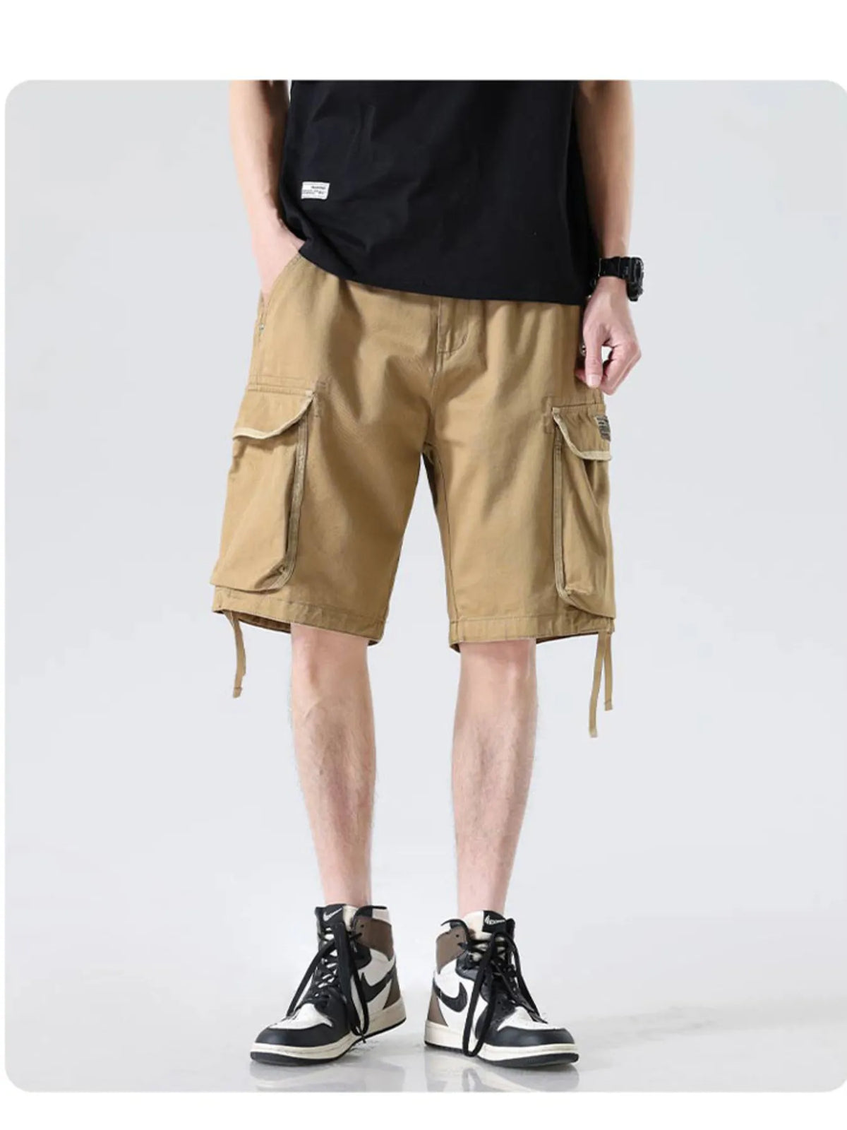 Men's Drawstring Wide Leg Cargo Shorts in Khaki