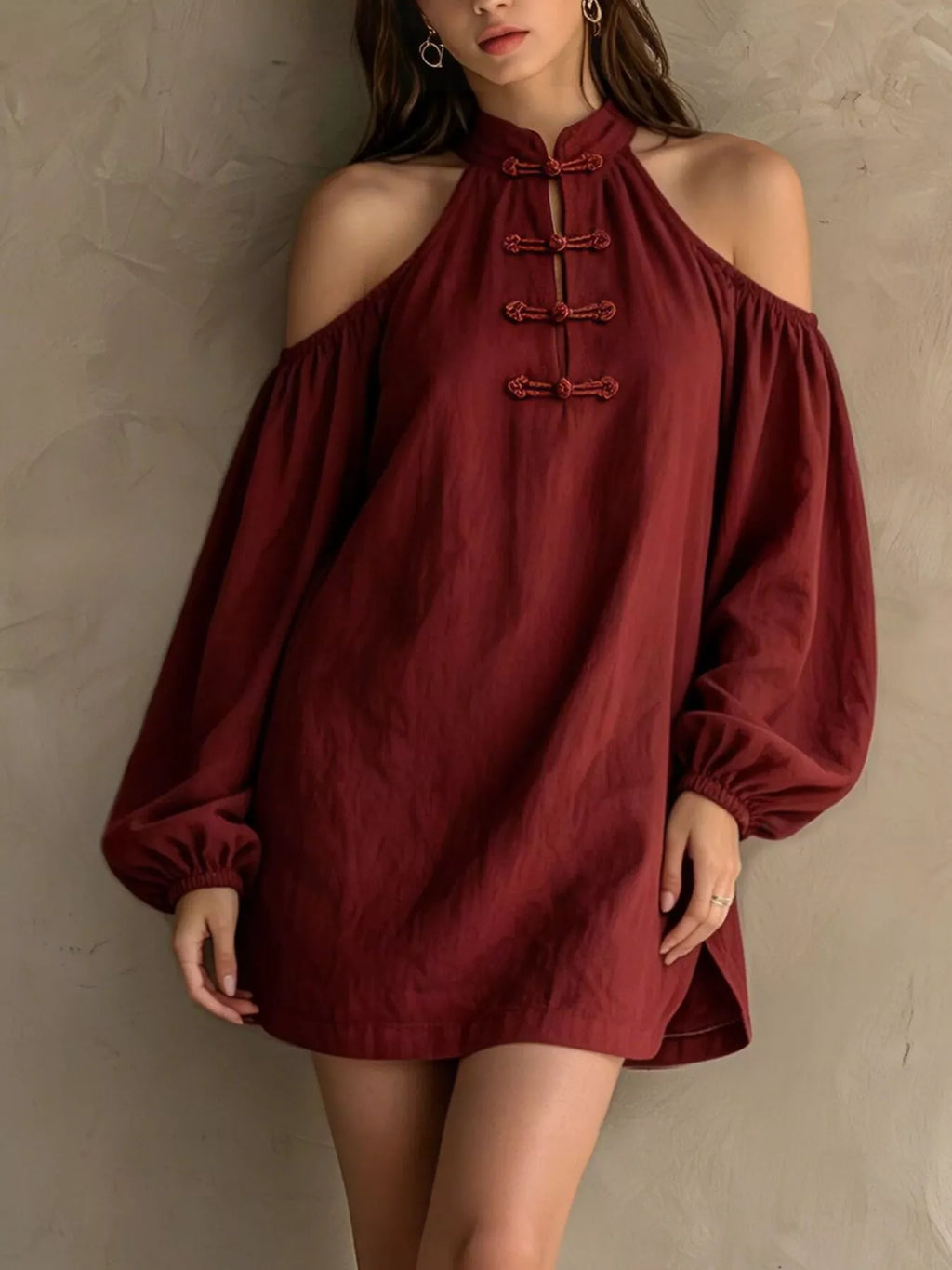 Cold-Shoulder Balloon Sleeve Mini Dress - Lilixa.store