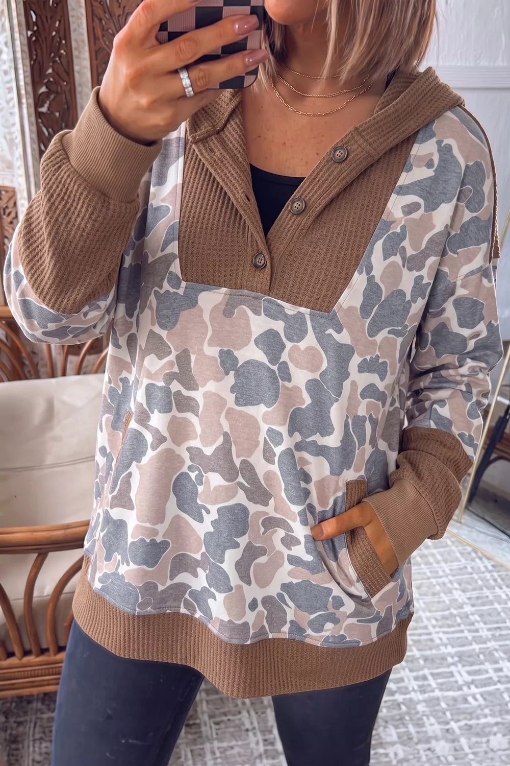 Camouflage Print Waffle Knit Patchwork Half Zip Hoodie - Lilixa.store